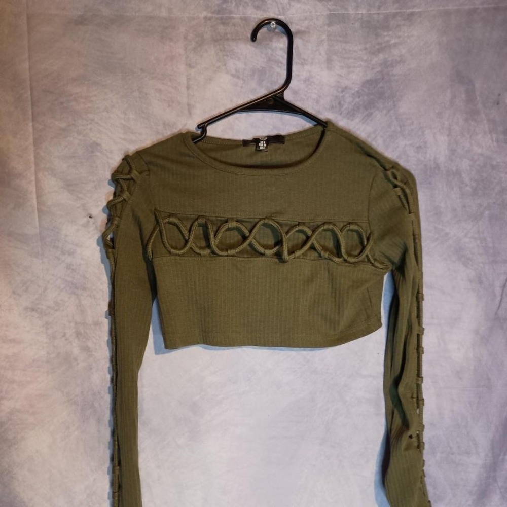 Missguided Khaki Lace Up Ribbed Crop Top Long Sleeve Y2K Bodycon‎ Shirt NWT US 4